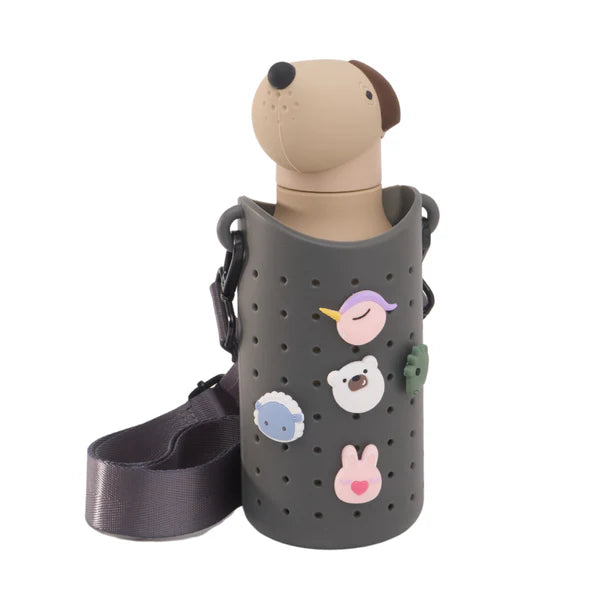 Asobu Bestie Animal Double Wall Stainless Steel Bottle 16oz Beige Dog with gray perforated sleeve and shoulder strap