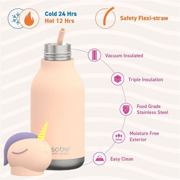 ASOBU Bestie Animal Double Wall Stainless Steel Bottle 16oz Unicorn in beige with pink cap; shows vacuum insulation and easy-clean straw.