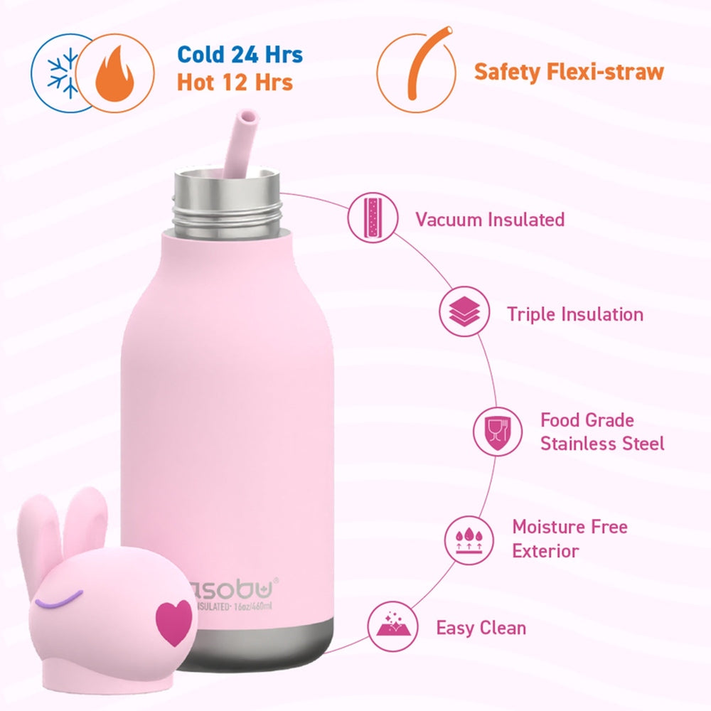 Asobu Bestie Bunny 16oz pink vacuum-insulated stainless steel bottle with pink straw, bunny cap beside, easy-clean exterior