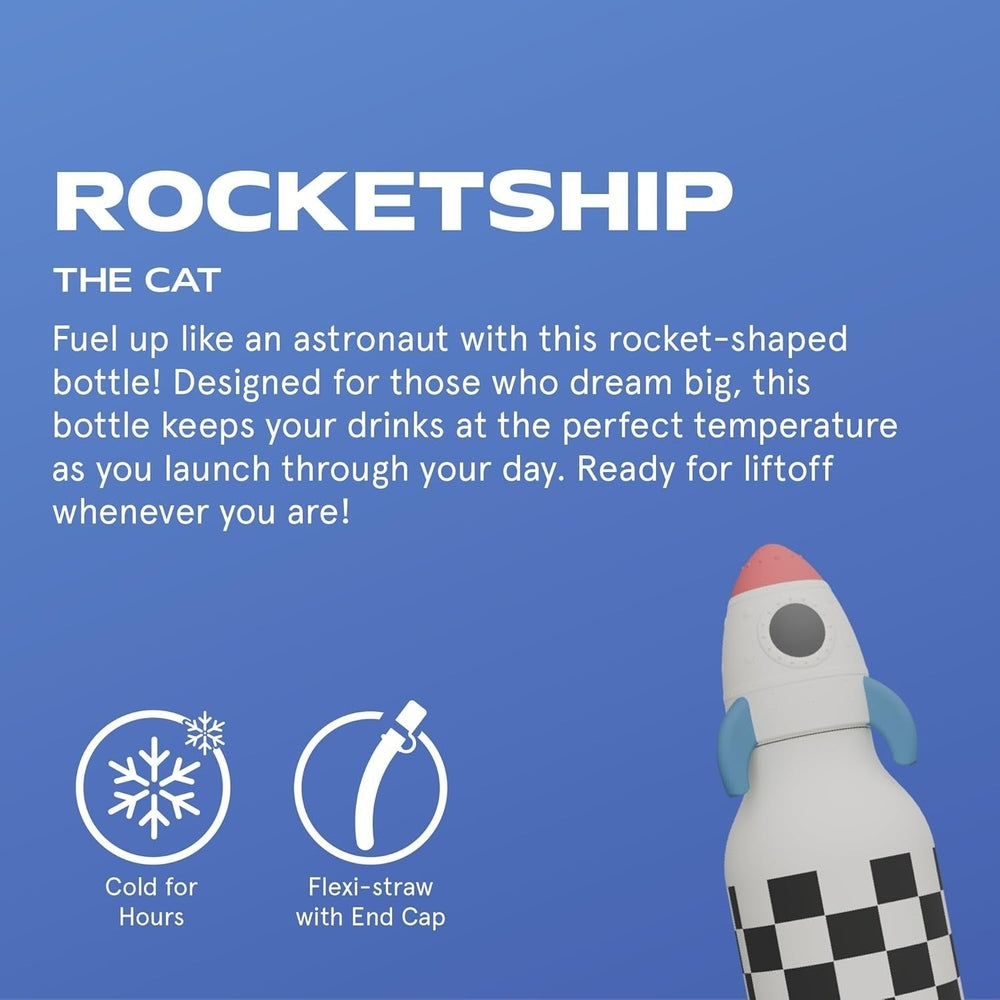 Asobu Bestie Animal Double Wall Stainless Steel Bottle 16oz Rocket Checker, white with black checker, shown with rocket graphic and cold-for-hours plus flexi-straw end cap.