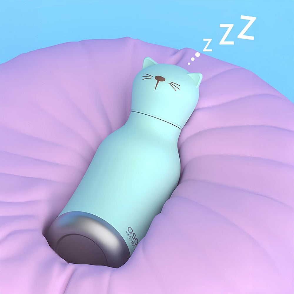 ASOBU Bestie Animal Double Wall Stainless Steel Bottle 16oz Cat sleeping on a lavender cushion