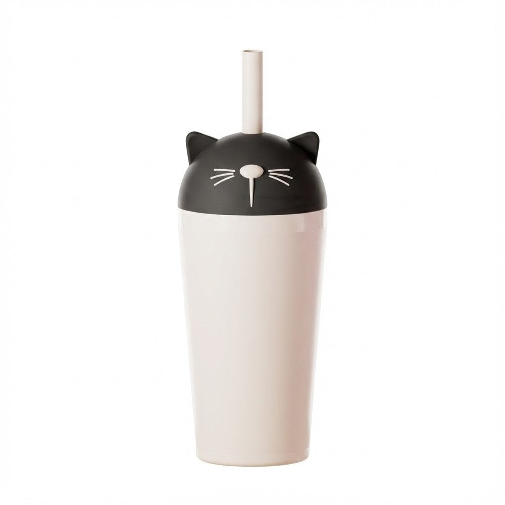 Asobu Bestie Animal Vacuum Insulated Straw Tumbler 24oz Cat with black cat-head lid and white body, straw shown.