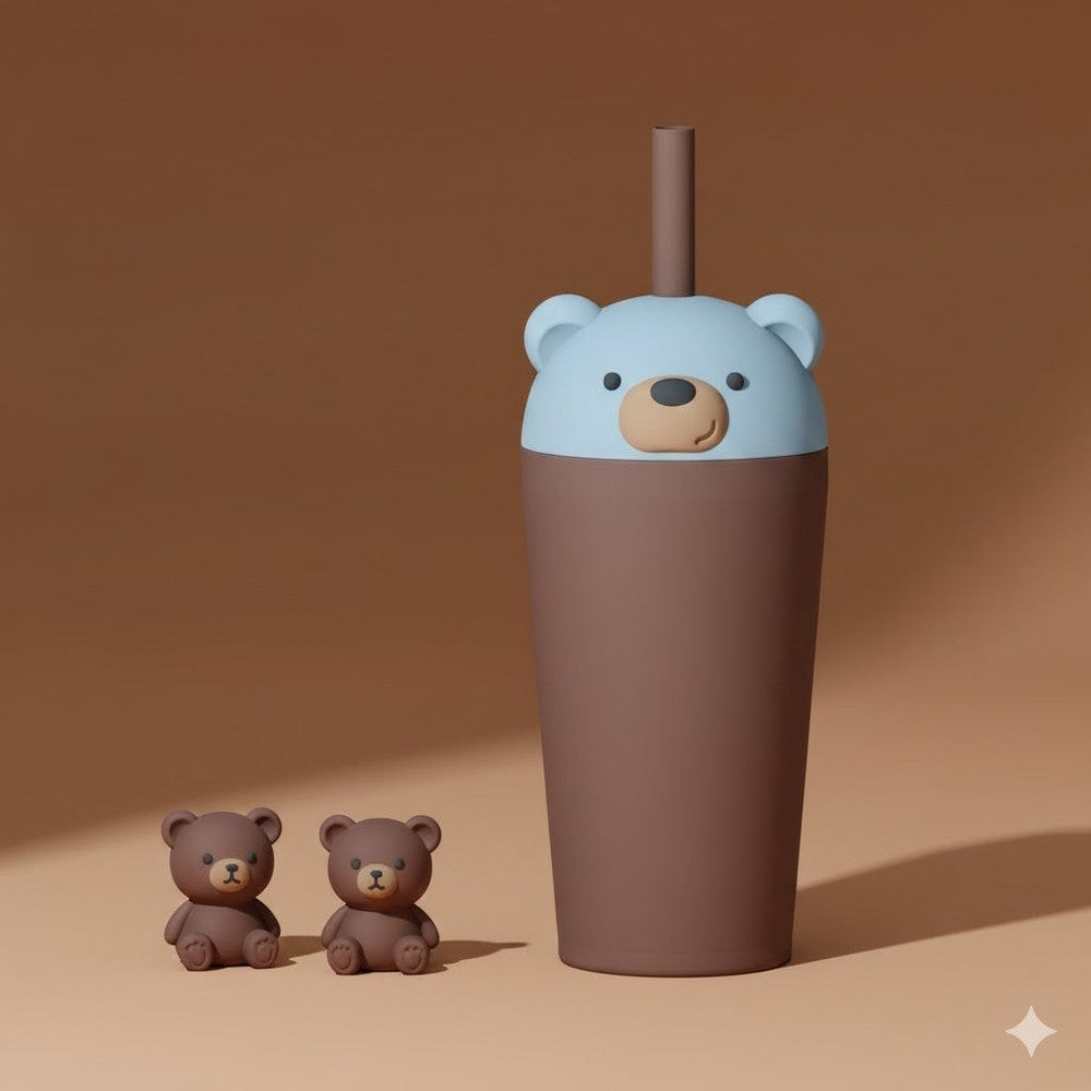 ASOBU Bestie Animal 24oz Vacuum Insulated Straw Tumbler Bear with blue lid and straw, flanked by two small bears.