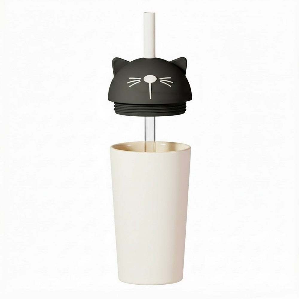 Asobu Bestie Animal Vacuum Insulated Straw Tumbler 24oz Cat with black lid and white straw in cream cup.