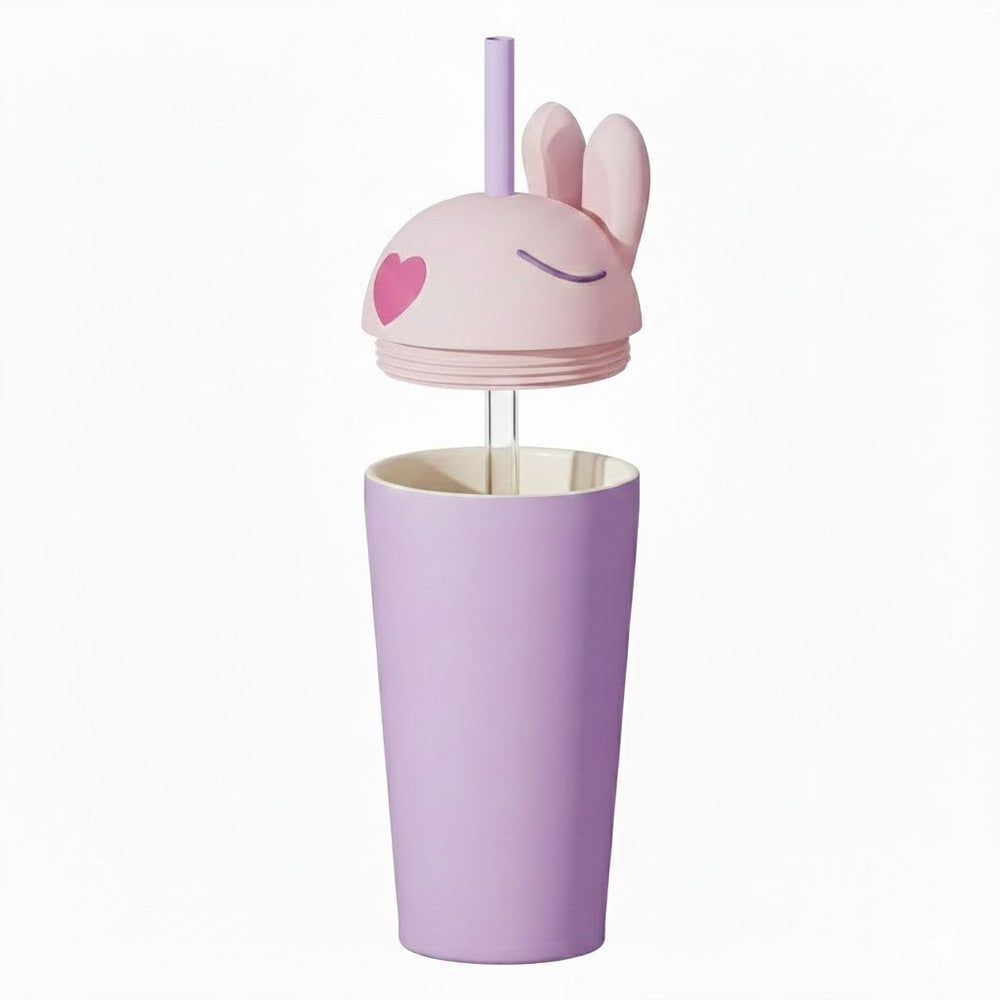 Asobu Bestie Animal Vacuum Insulated Straw Tumbler 24oz Bunny, purple cup with pink bunny lid and straw in use