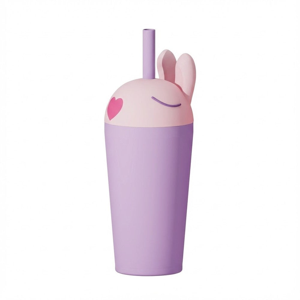 Asobu Bestie Animal Vacuum Insulated Straw Tumbler 24oz Bunny, purple cup with pink bunny head and straw for sipping