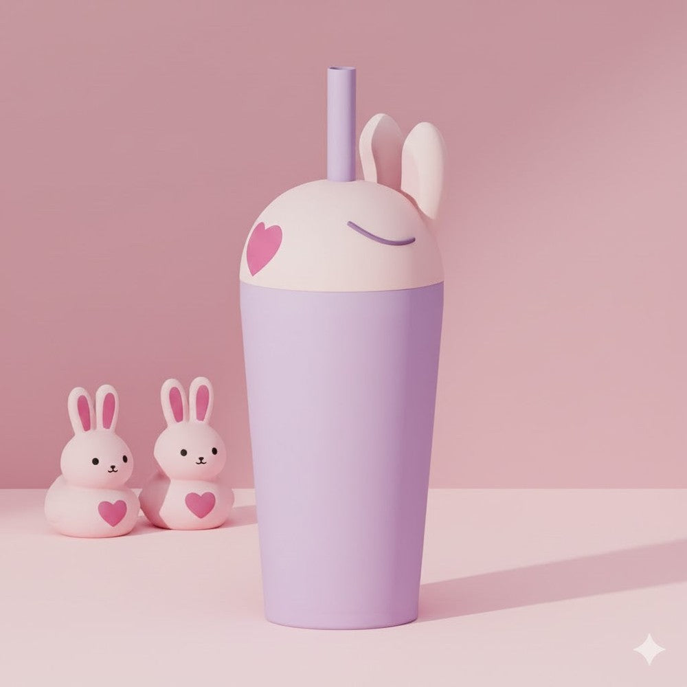 ASOBU Bestie Animal Vacuum Insulated Straw Tumbler 24oz Bunny in lavender with built-in straw and smiling bunny design