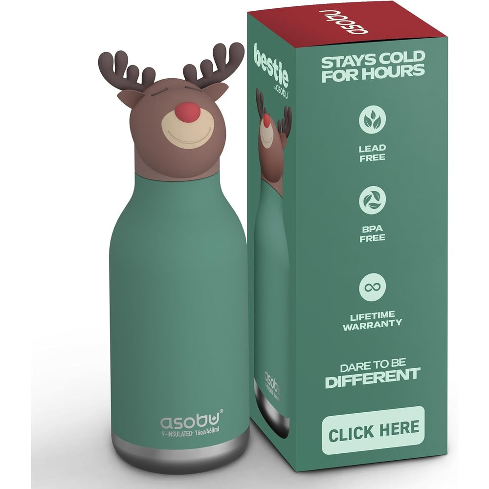 ASOBU Bestie Holiday Bottle 16oz Reindeer; teal insulated bottle with reindeer head cap beside its box showing stays cold for hours