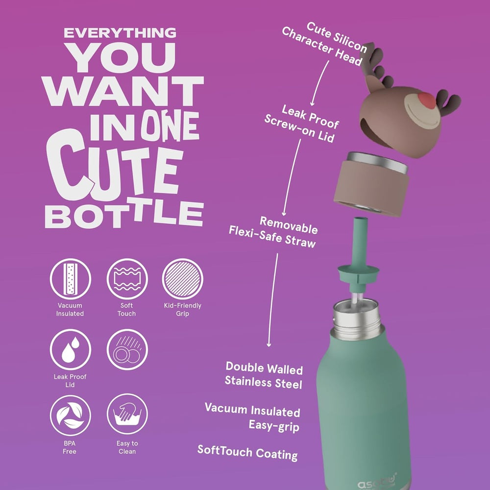 Asobu Bestie Holiday Bottle 16oz Reindeer, purple promo showing vacuum-insulated bottle, leak-proof lid, and removable straw