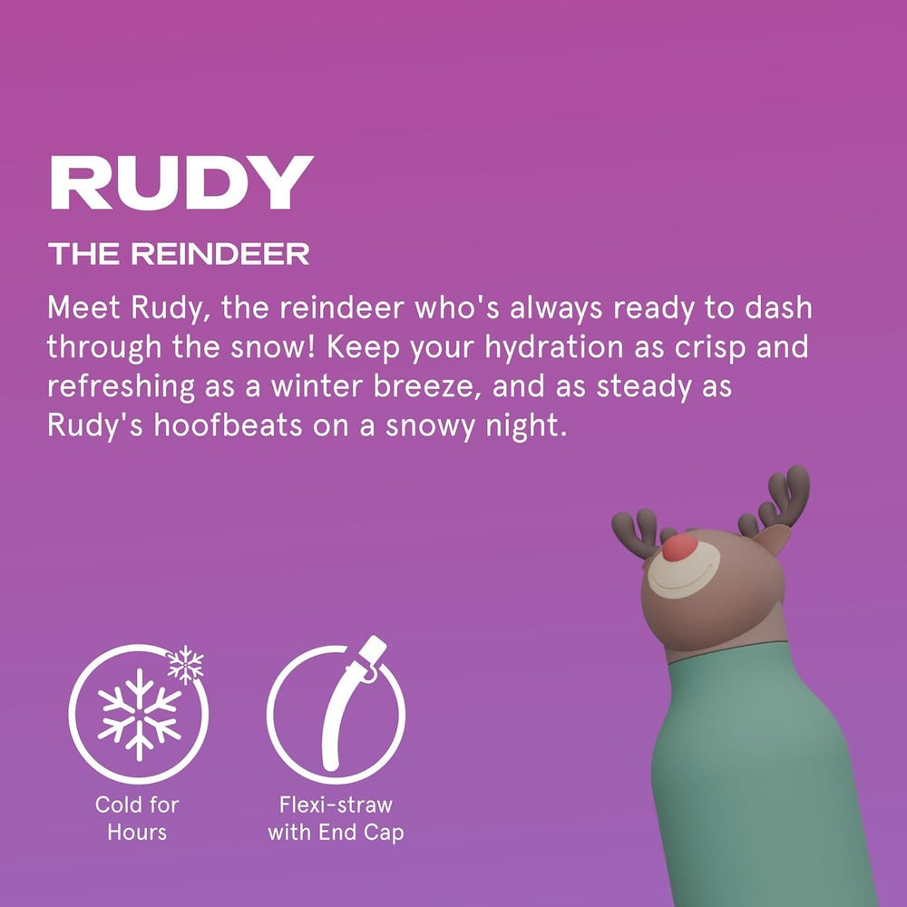 ASOBU Bestie Holiday Bottle 16oz Reindeer in teal, with flexi-straw end cap and cold-for-hours icons.