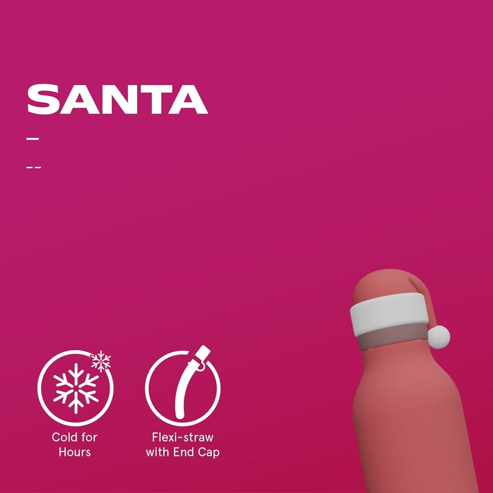 ASOBU Bestie Holiday Bottle 16oz Santa in a pink background, demonstrating cold-for-hours and a flexi-straw with end cap.
