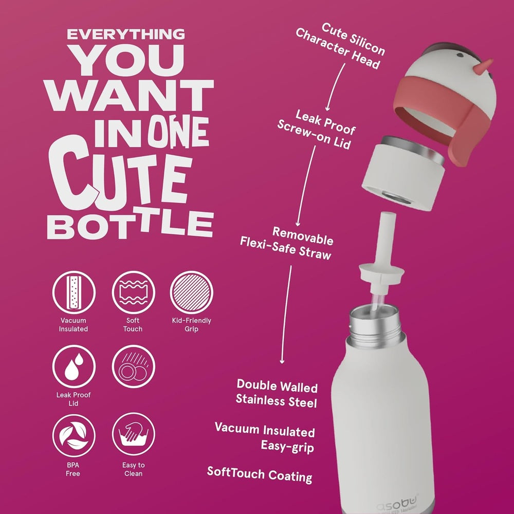ASOBU Bestie Holiday Bottle 16oz Snowman in pink, exploded view with vacuum-insulated stainless steel and leak-proof lid, removable flexi-safe straw.