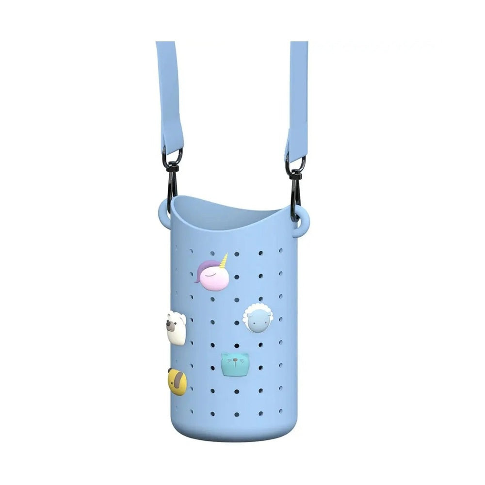 Asobu Bestie Sling Bottle Carrier Blue, perforated silicone sleeve with two shoulder straps worn over the shoulder.