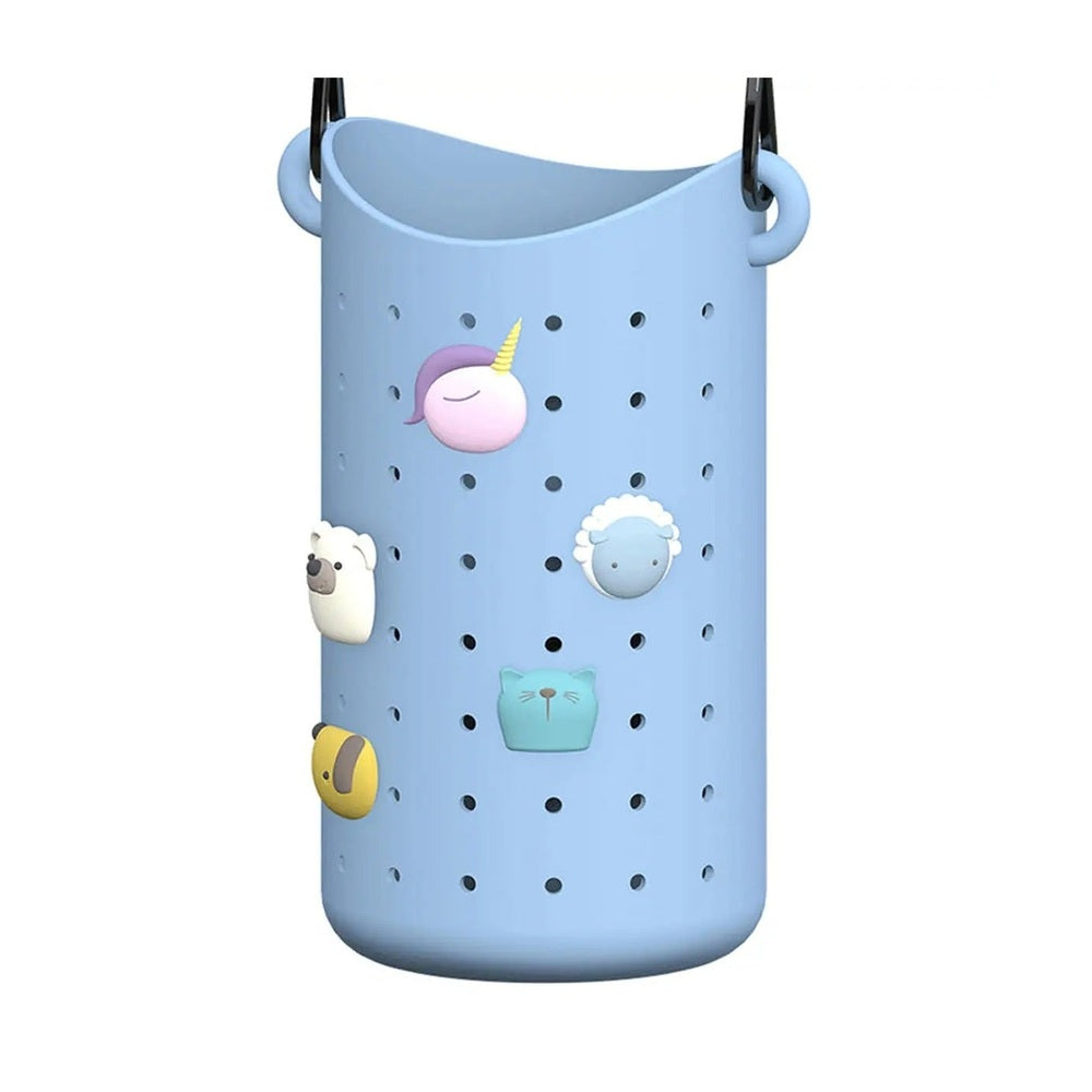ASOBU Bestie Sling Bottle Carrier Blue; perforated silicone sleeve with cute animal charms hanging from shoulder straps.