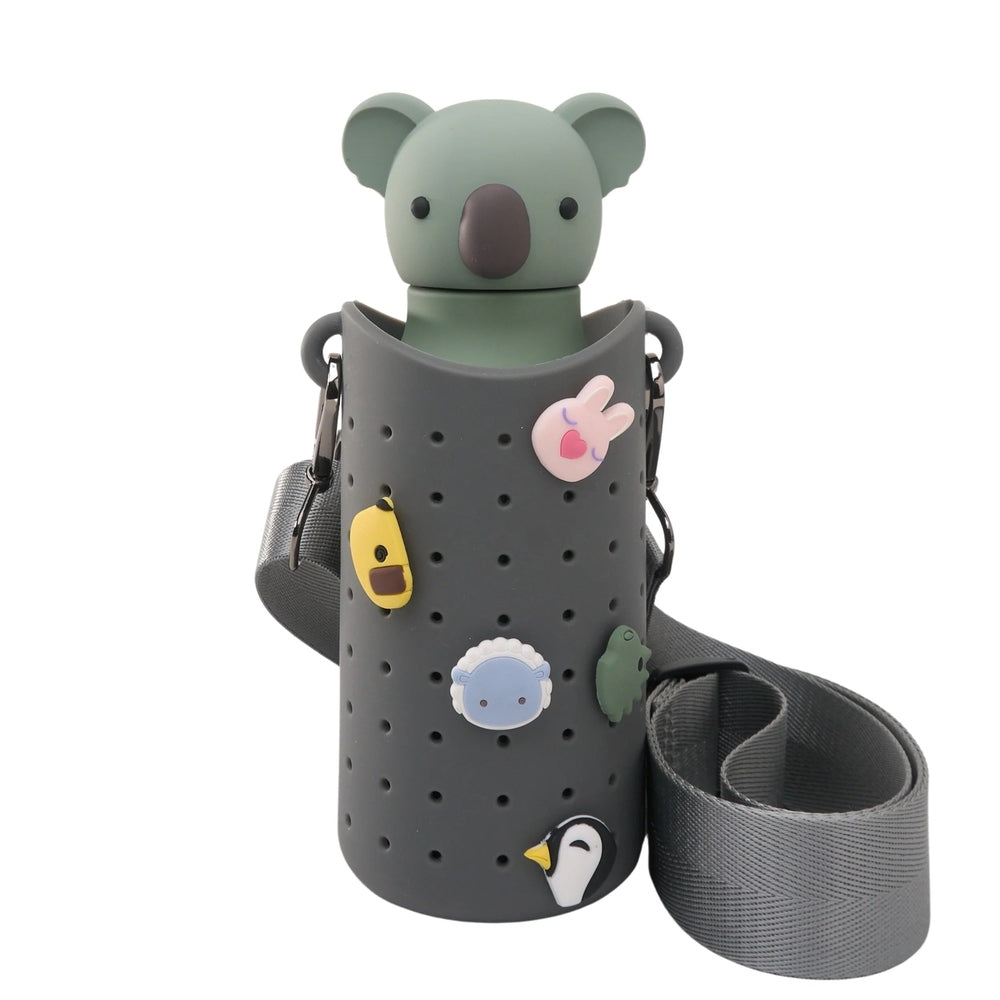 Asobu Bestie Sling Bottle Carrier Smoke gray bottle sleeve with koala lid, strap attached for hands-free carrying