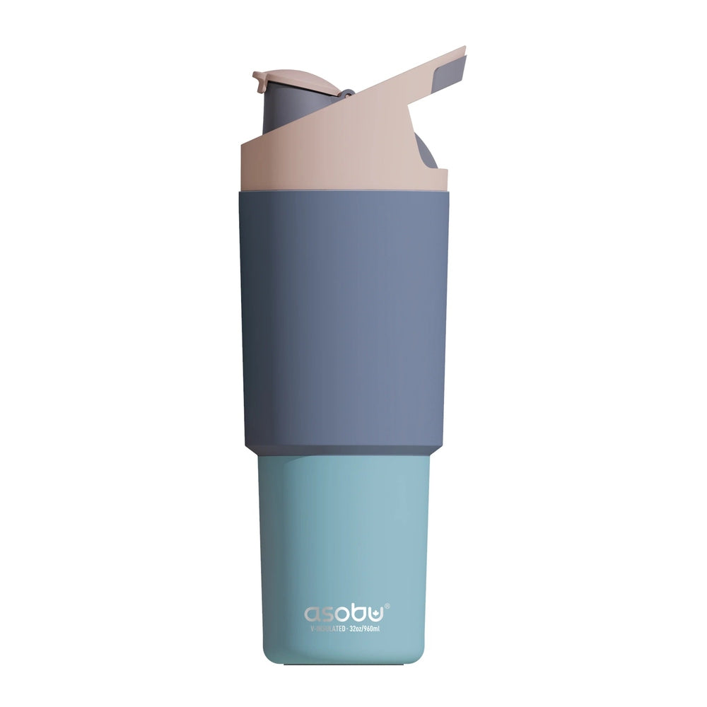 Asobu Cosmic Water Bottle 32oz pastel blue with pink flip-top lid, cap flipped open for easy drinking.