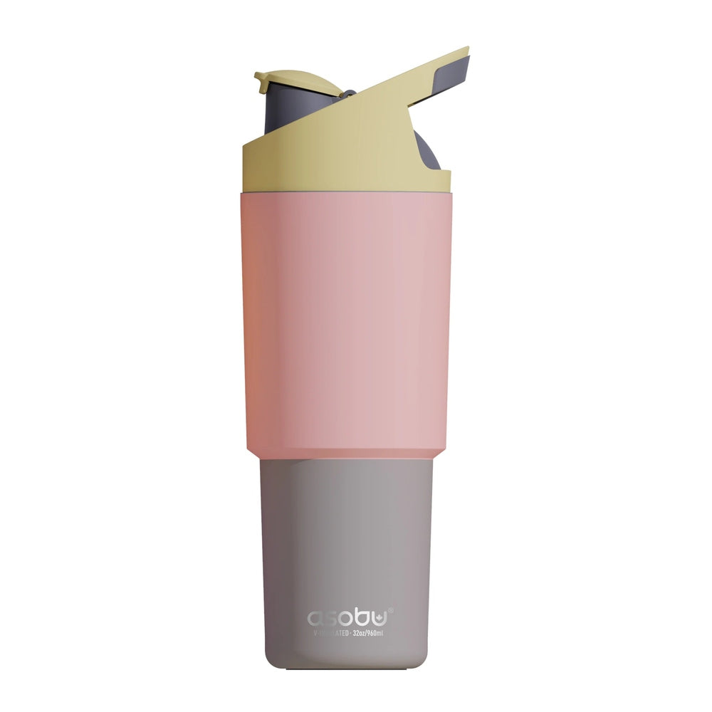 Asobu Cosmic Water Bottle 32oz Pastel Peach, pink body with gray base and gold lid, flip-top spout shown.