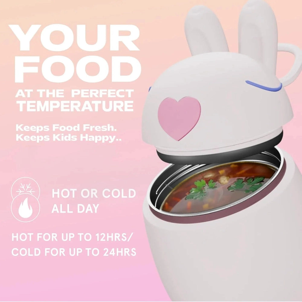 Asobu Foodie Holiday Kids Insulated Food Jar 20oz Bunny, white with pink heart, bunny-ear lid open over soup, keeps hot or cold all day.