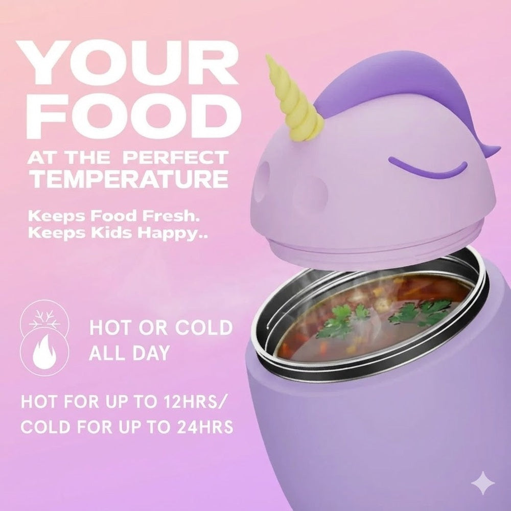 Asobu Foodie Holiday Kids Insulated Food Jar 20oz Unicorn, lavender unicorn with lid open revealing hot soup.