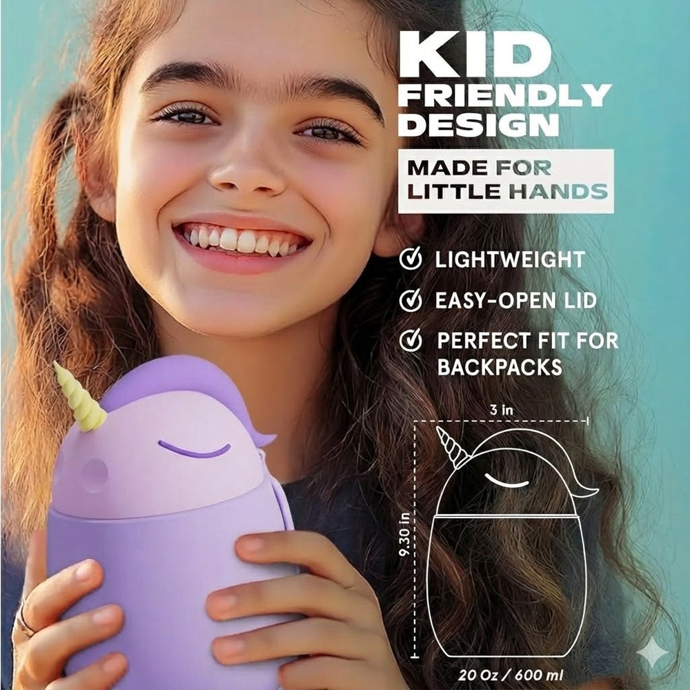 ASOBU Foodie Holiday Kids Insulated Food Jar 20oz Unicorn, purple bottle held by smiling girl.