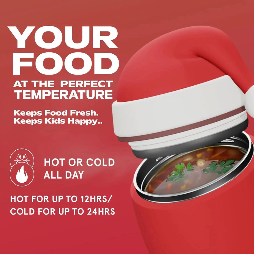 ASOBU Foodie Holiday Kids Insulated Food Jar 20oz Santa in red, lid open to show steaming meal for hot or cold all day.