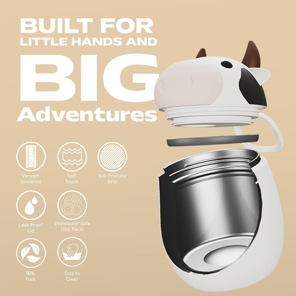Asobu Foodie Holiday Kids Insulated Food Jar 20oz Cow; cow-themed jar shown with exploded lid, highlighting vacuum insulation and kid-friendly grip.