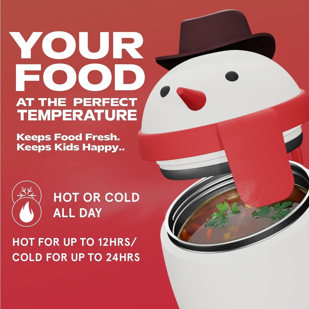 ASOBU Foodie Holiday Kids Insulated Food Jar 20oz Snowman, white with red lid, opened to reveal hot or cold soup
