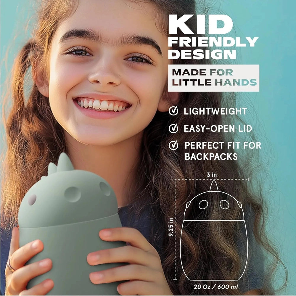 Asobu Foodie Holiday Kids Insulated Food Jar 20oz Dinosaur in teal; smiling girl holds the lightweight jar.