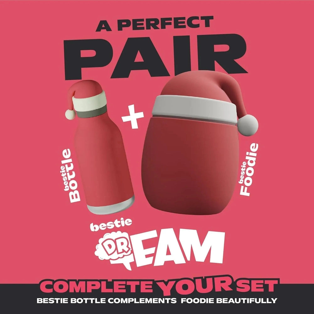 Asobu Foodie Holiday Kids Insulated Food Jar 20oz Santa paired with matching bottle, festive red duo.