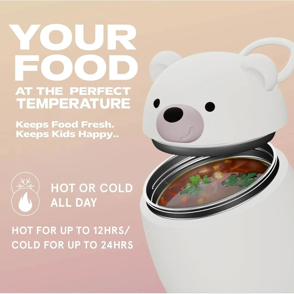 Asobu Foodie Holiday Kids Insulated Food Jar 20oz Bear, white bear design with lid open showing hot soup.