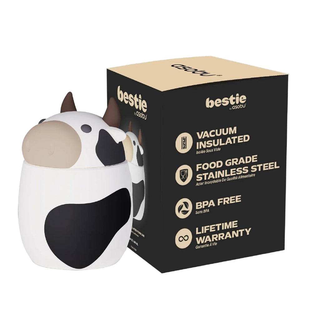 ASOBU Foodie Holiday Kids Insulated Food Jar 20oz Cow; vacuum-insulated stainless steel thermos shown beside its box.