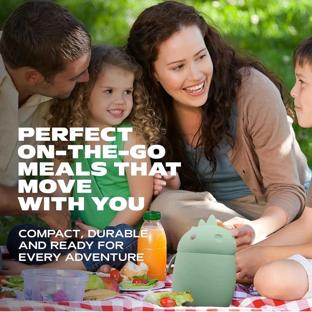 ASOBU Foodie Holiday Kids Insulated Food Jar 20oz Dinosaur at a sunny family picnic, showing durable insulation.