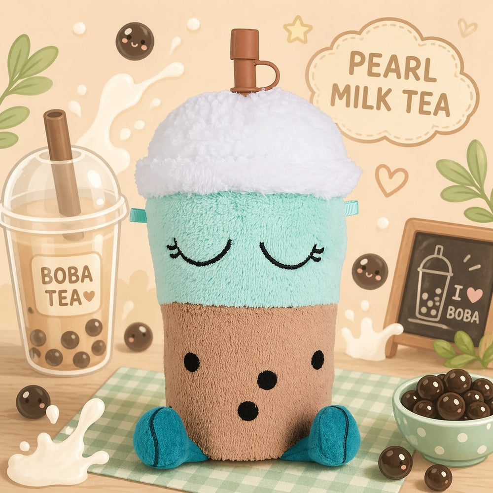 Front view of cute pearl milk tea plush in mint, tan, white and teal with brown straw, black boba pearls, and sleepy embroidered face.