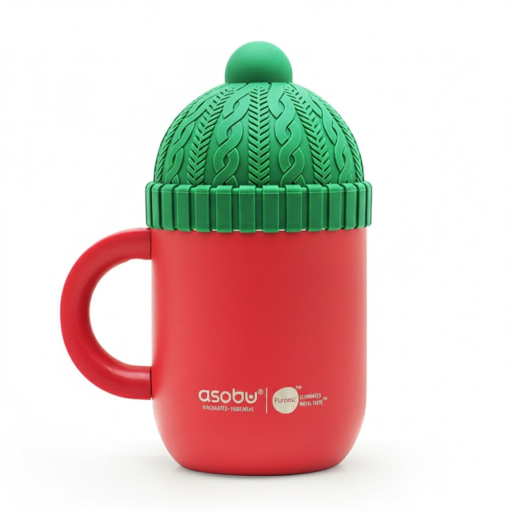 Red mug with green knit-style lid on a white background, featuring the Asobu brand.