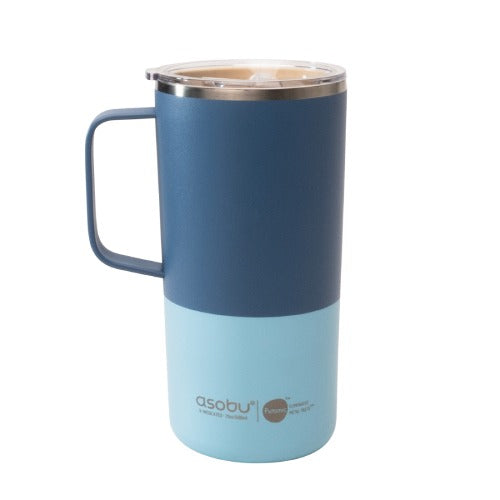 Asobu Tower Mug 20oz Pastel Blue with lid, two-tone blue body shown standing with a sturdy handle.