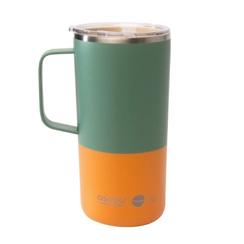 Asobu Tower Mug 20oz Pastel Green with orange base and lid, green handle for easy grip.