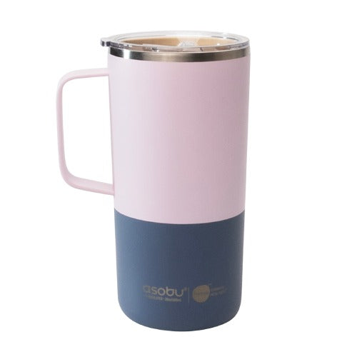 Asobu Tower Mug 20oz Pastel Pink with blue base, stainless rim, pink handle, lid on.