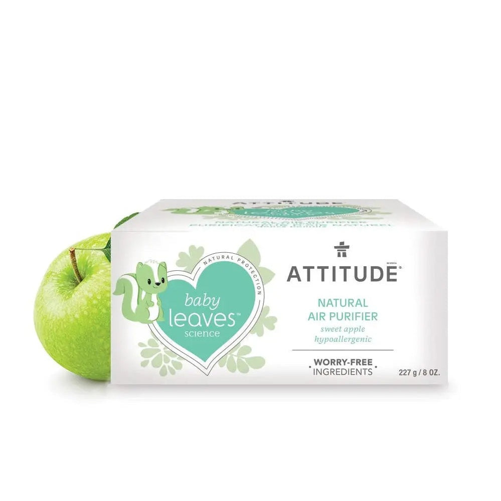 Attitude Air Purifier 227G box with natural apple scent and Baby Leaves design beside a green apple, brand ATTITUDE.