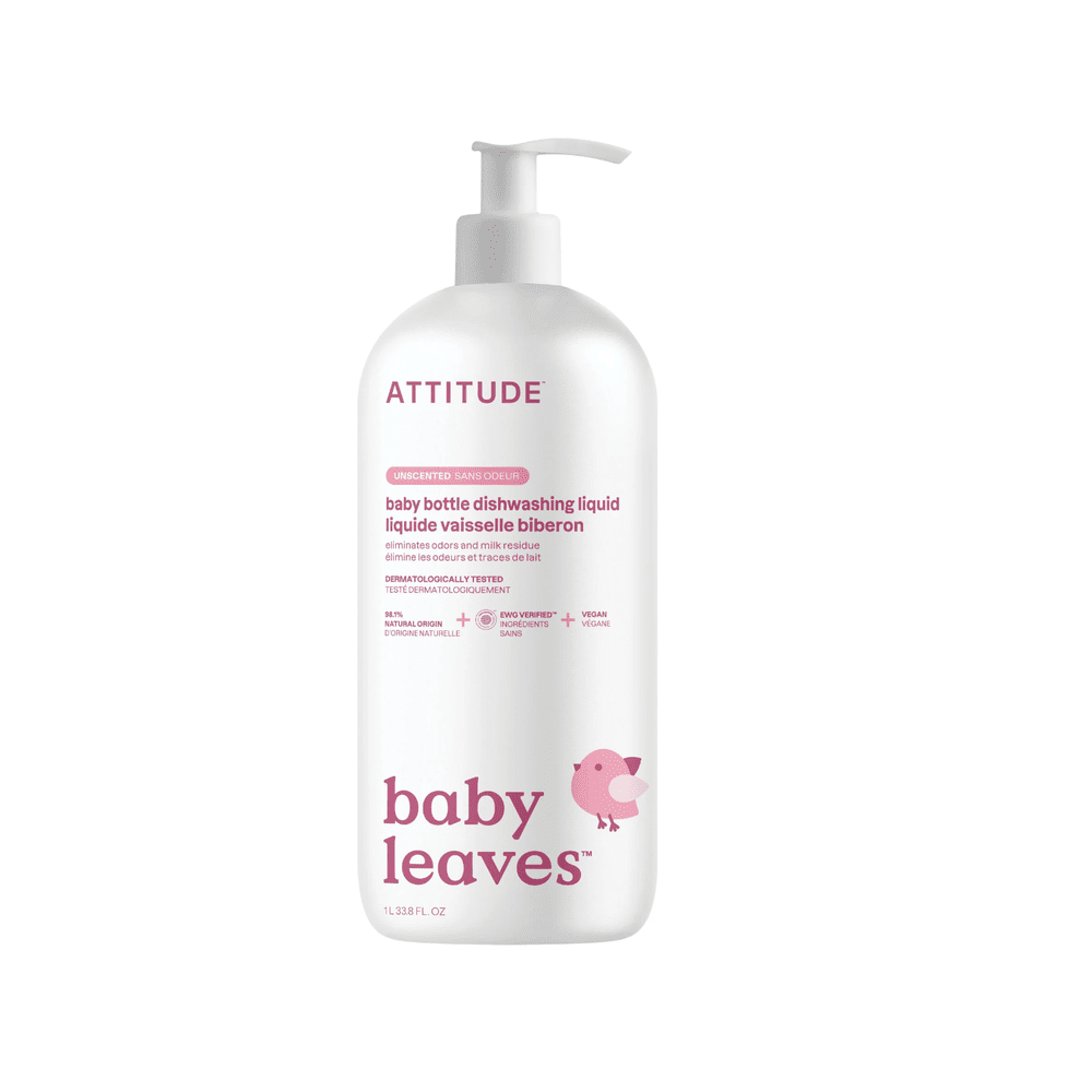 ATTITUDE baby bottle dishwashing liquid bottle, white plastic with pink label and baby leaves graphic