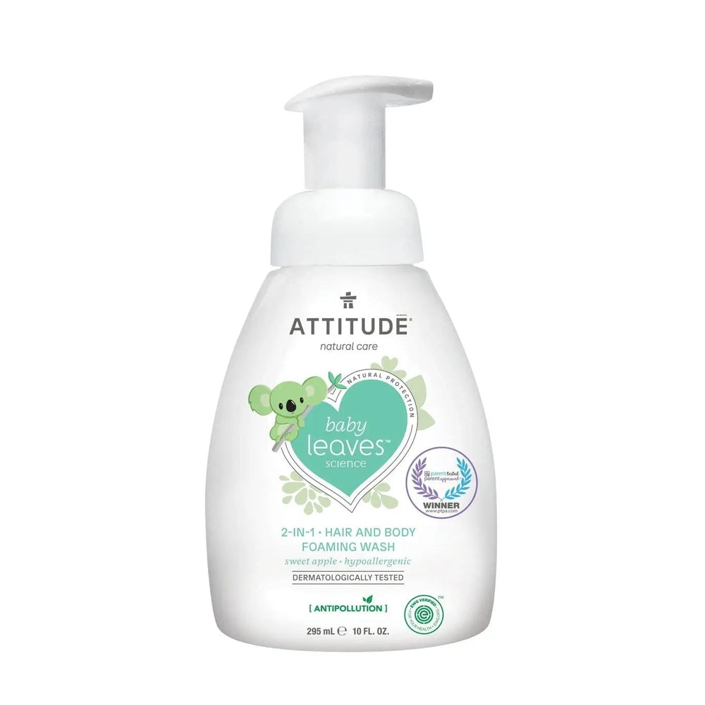 ATTITUDE Baby Shampoo and Body Foaming Wash 295 ml bottle with pump showing foaming action.