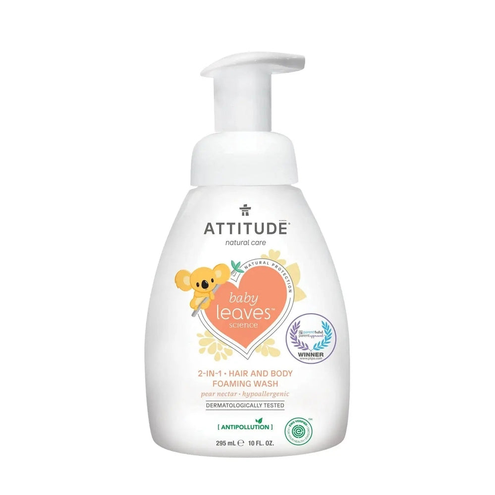 Attitude Baby Shampoo And Body Foaming Wash 295 ml bottle; white pump, 2-in-1 logo, orange heart koala.