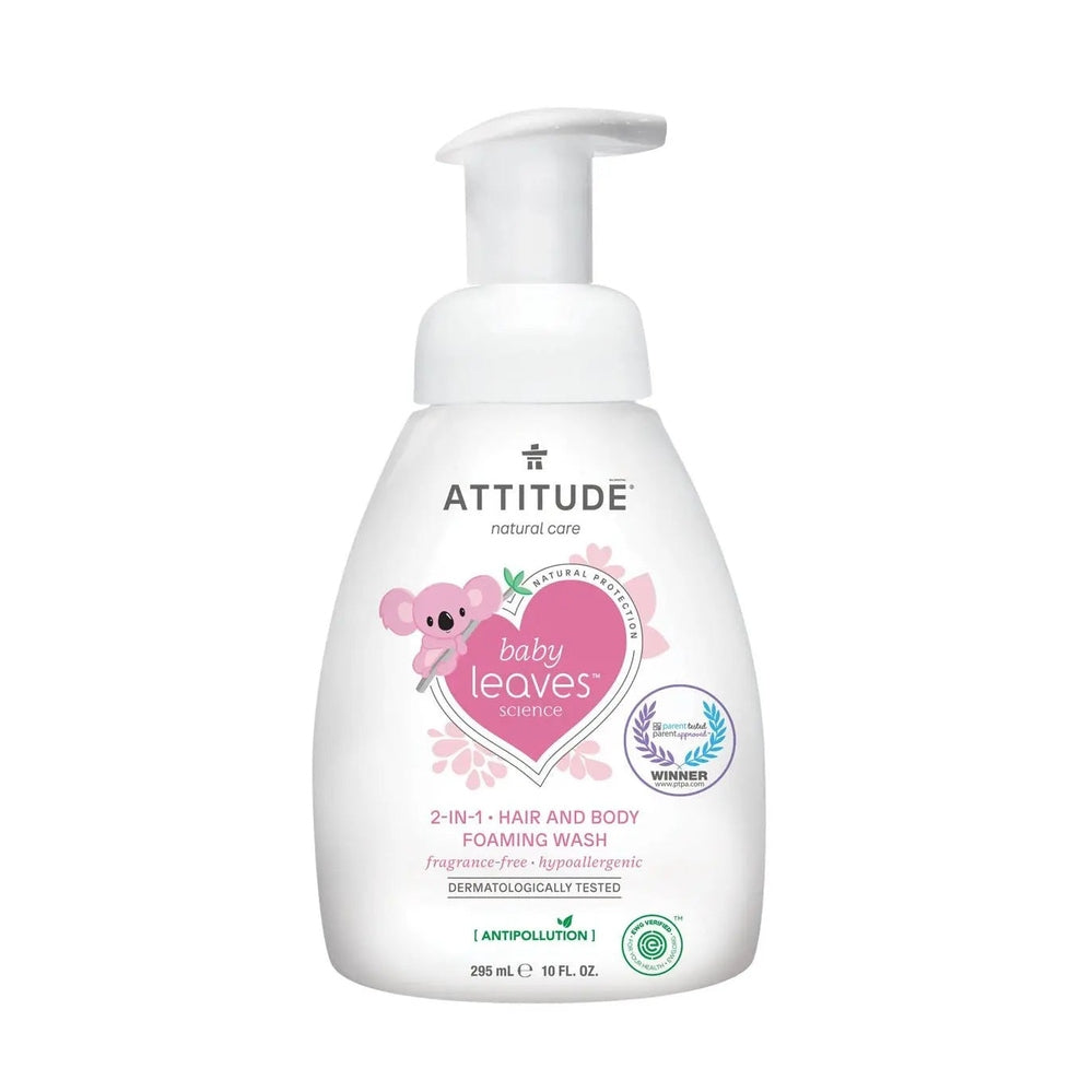 ATTITUDE Attitude Baby Shampoo And Body Foaming Wash 295 ml in a white bottle with pink heart and koala, showing gentle, fragrance-free formula.