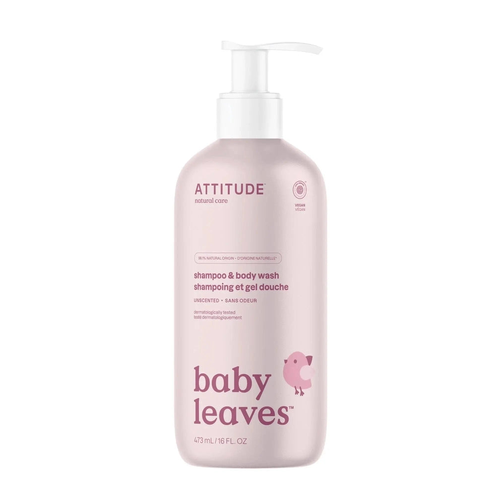 Attitude Baby Shampoo And Body Wash 473 ml pink pump bottle, unscented, featuring a small pink bird graphic.