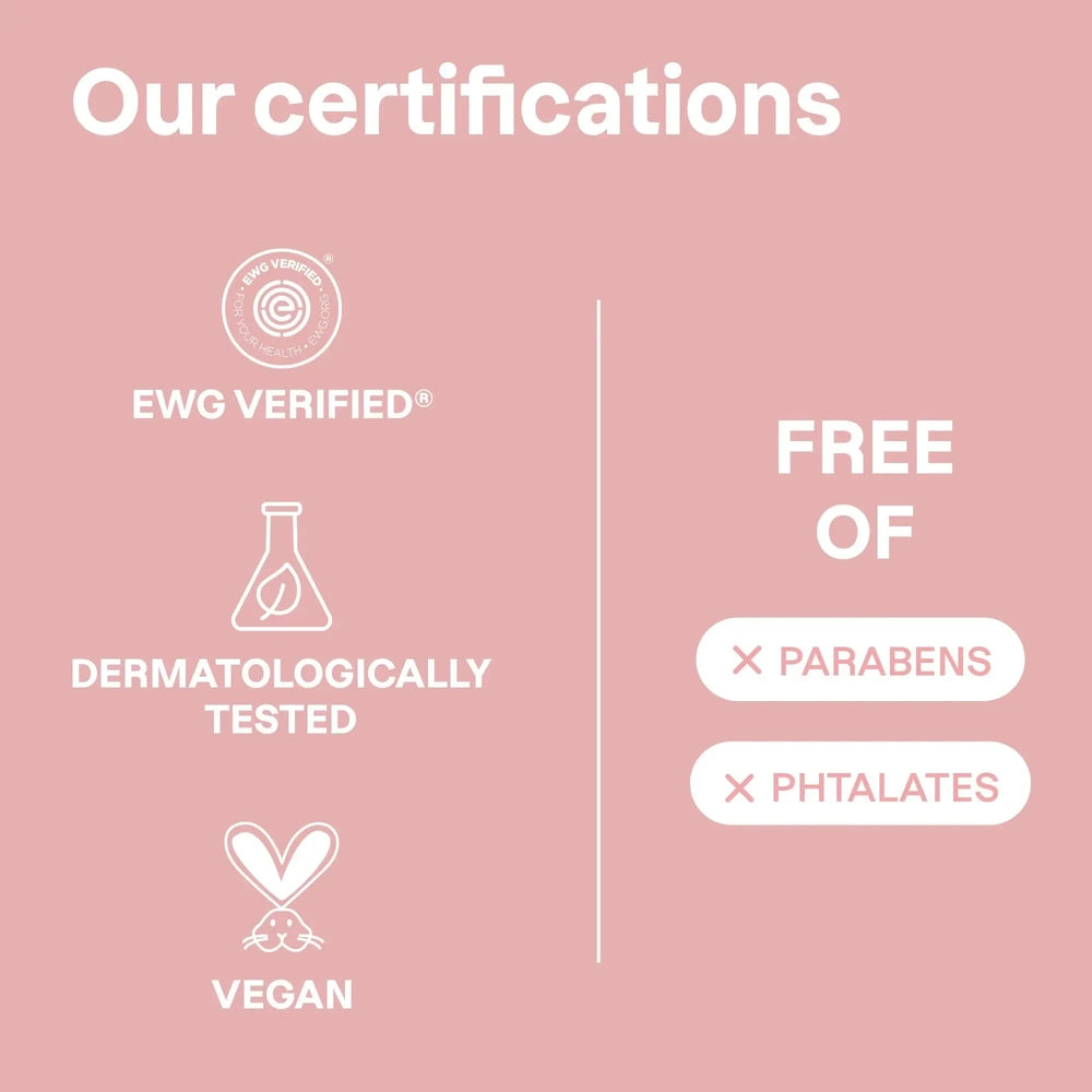 Attitude Baby Shampoo and Body Wash 473 ml beside EWG Verified, dermatologically tested, vegan logos on pink background.