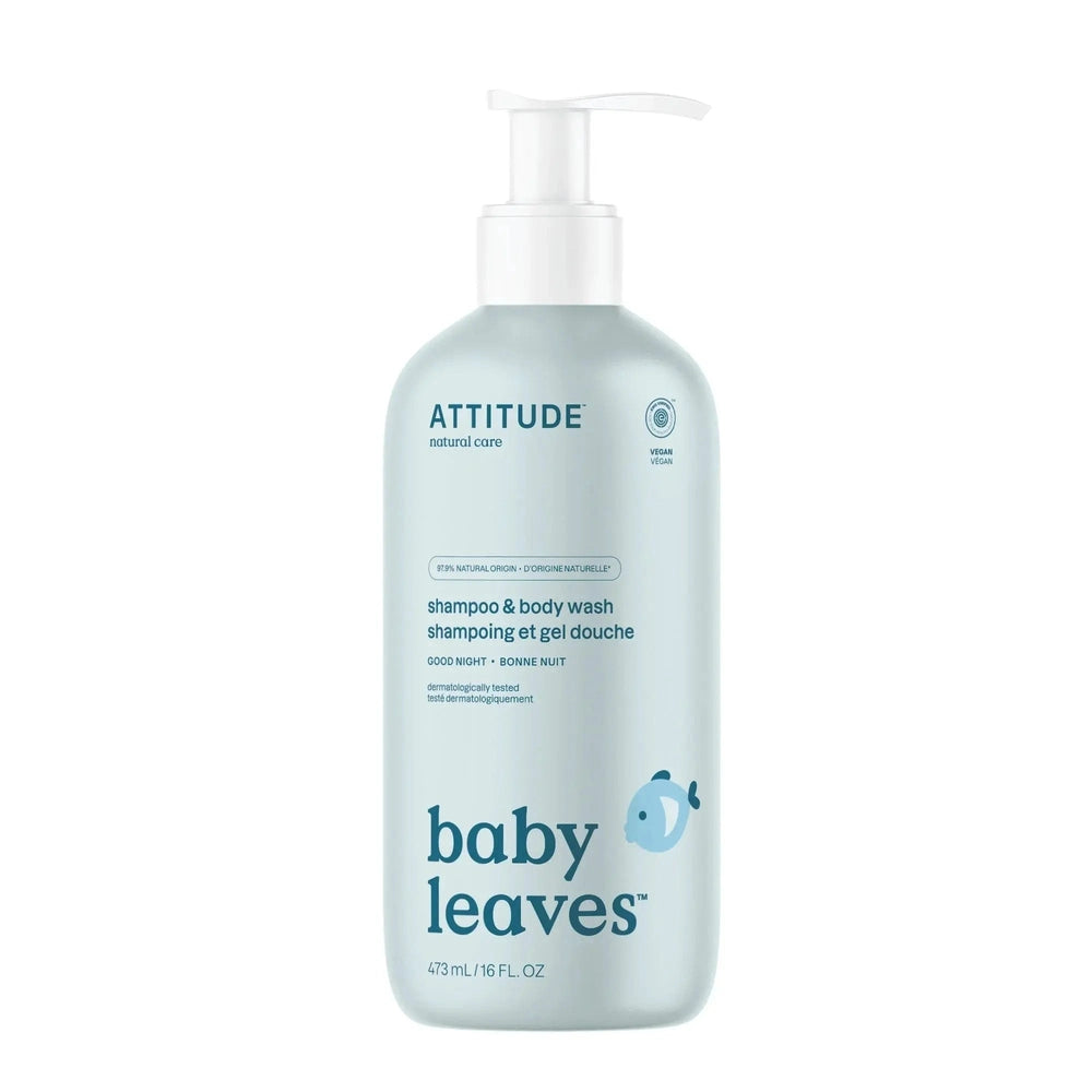 ATTITUDE Baby Shampoo and Body Wash 473 ml bottle with white pump, pale blue liquid being dispensed.