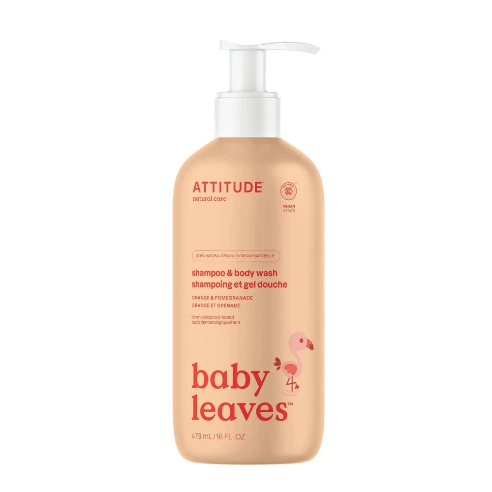 ATTITUDE Baby Shampoo and Body Wash 473 ml peach bottle with white pump, vegan-certified, flamingo graphic.