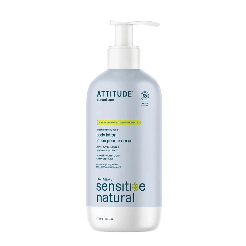 Attitude body lotion 473 ml in pale blue bottle with pump, unscented oatmeal formula ready to dispense.