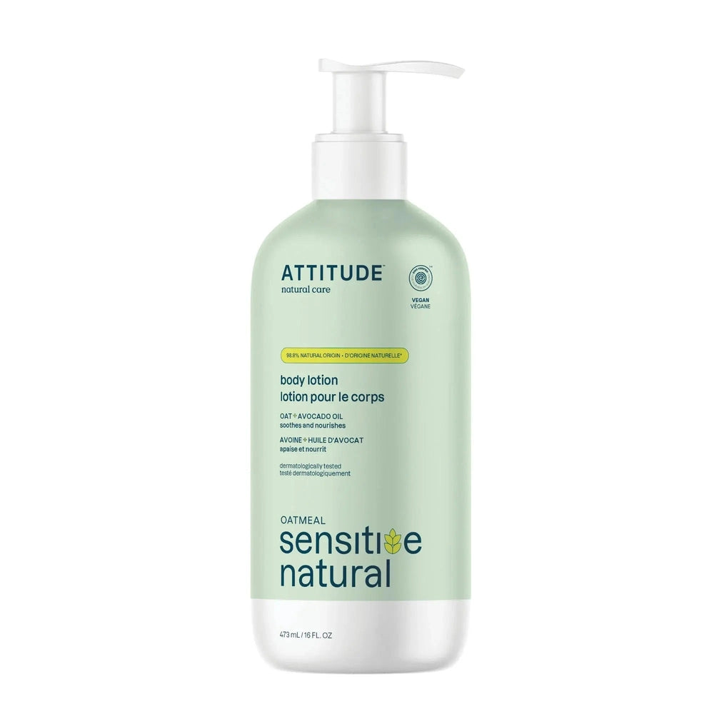 ATTITUDE body lotion 473 ml, mint-green bottle with pump showing oatmeal and avocado oil for sensitive skin.