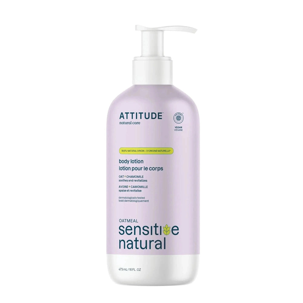 ATTITUDE body lotion 473 ml lavender pump bottle, easy-dispense oatmeal chamomile formula for sensitive skin