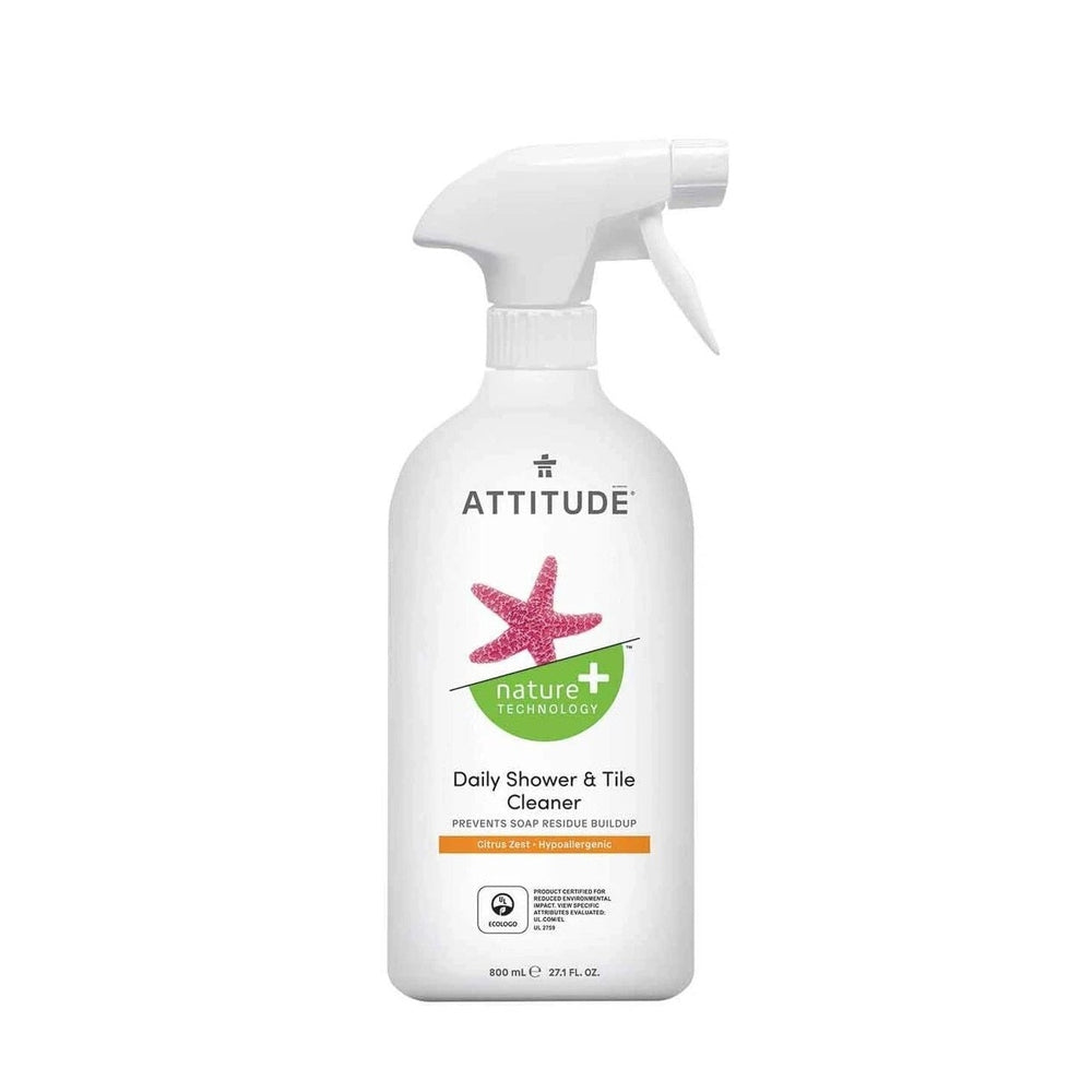 Attitude Daily Shower & Tile Cleaner Citrus Zest, 800 ml spray bottle with Nature+ logo